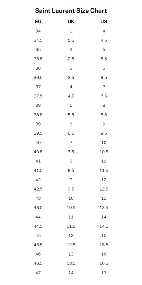 saint laurent size chart.